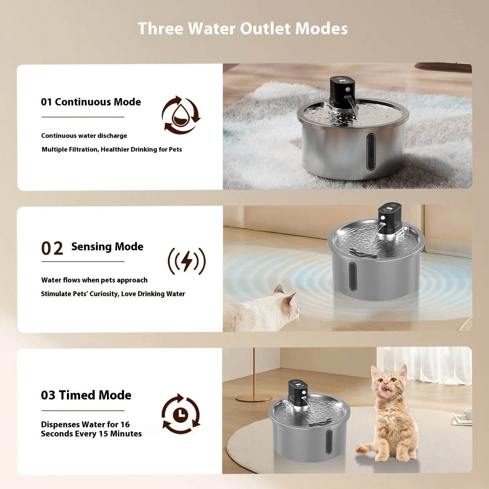 Stainless steel cat water fountain with temperature control base and automatic circulation system