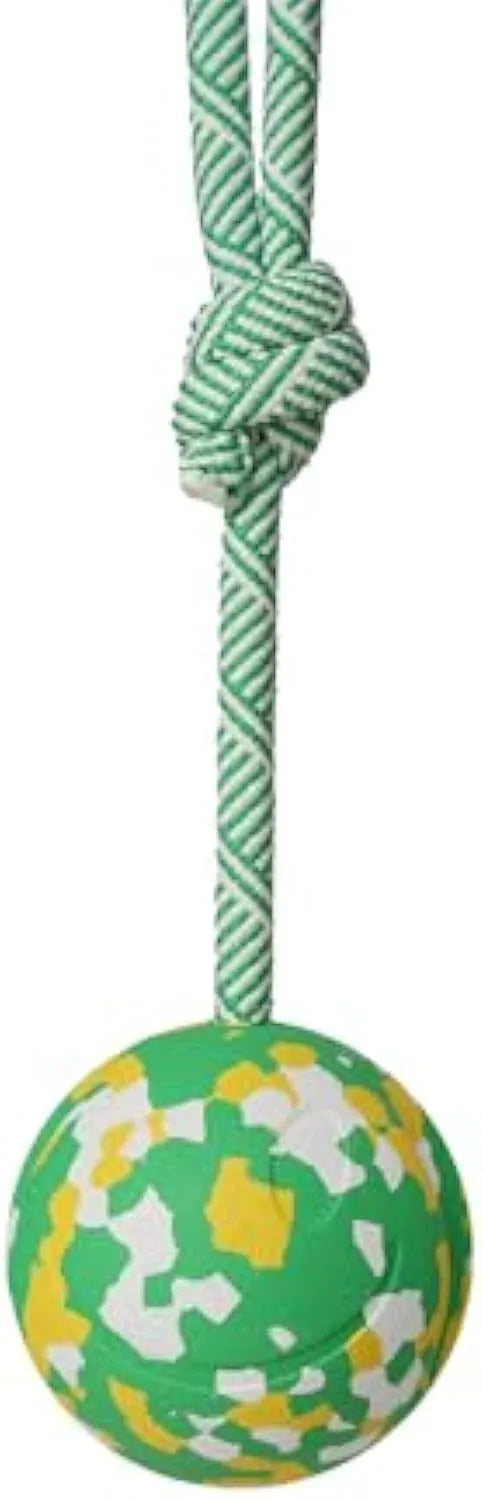 Natural rubber and bamboo fibre dog ball attached to a nylon rope for interactive play