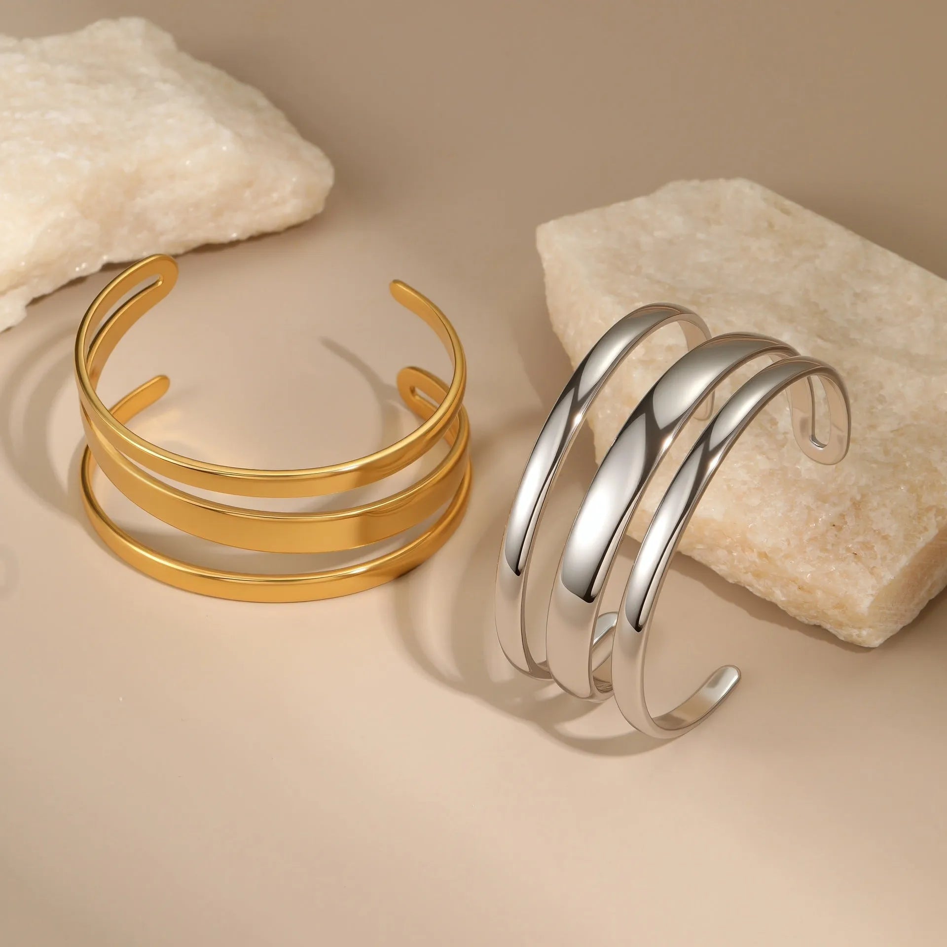 Women's stainless steel bracelet with geometric line design and 18K gold electroplating