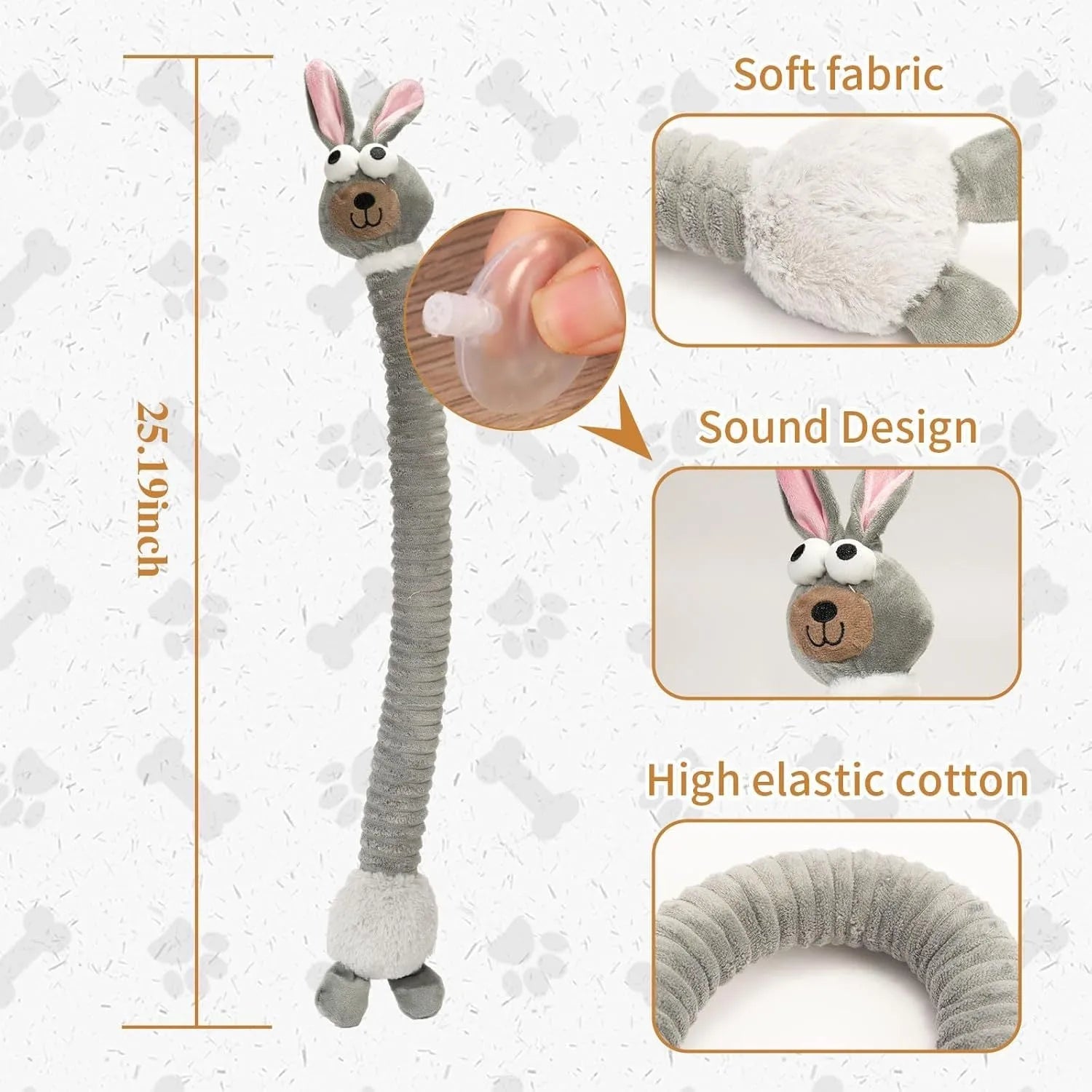 Brown, grey, and yellow plush dog toys with squeaker and crinkle sound features