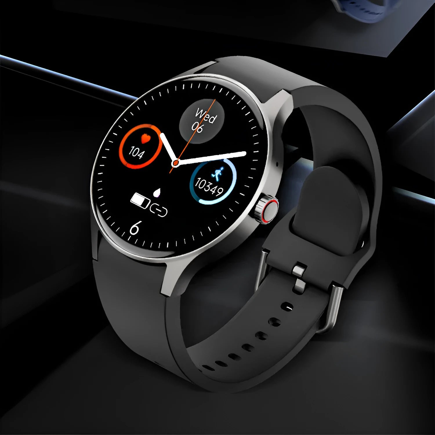 Black smart Bluetooth sport watch with round screen on a wrist, showing fitness stats.