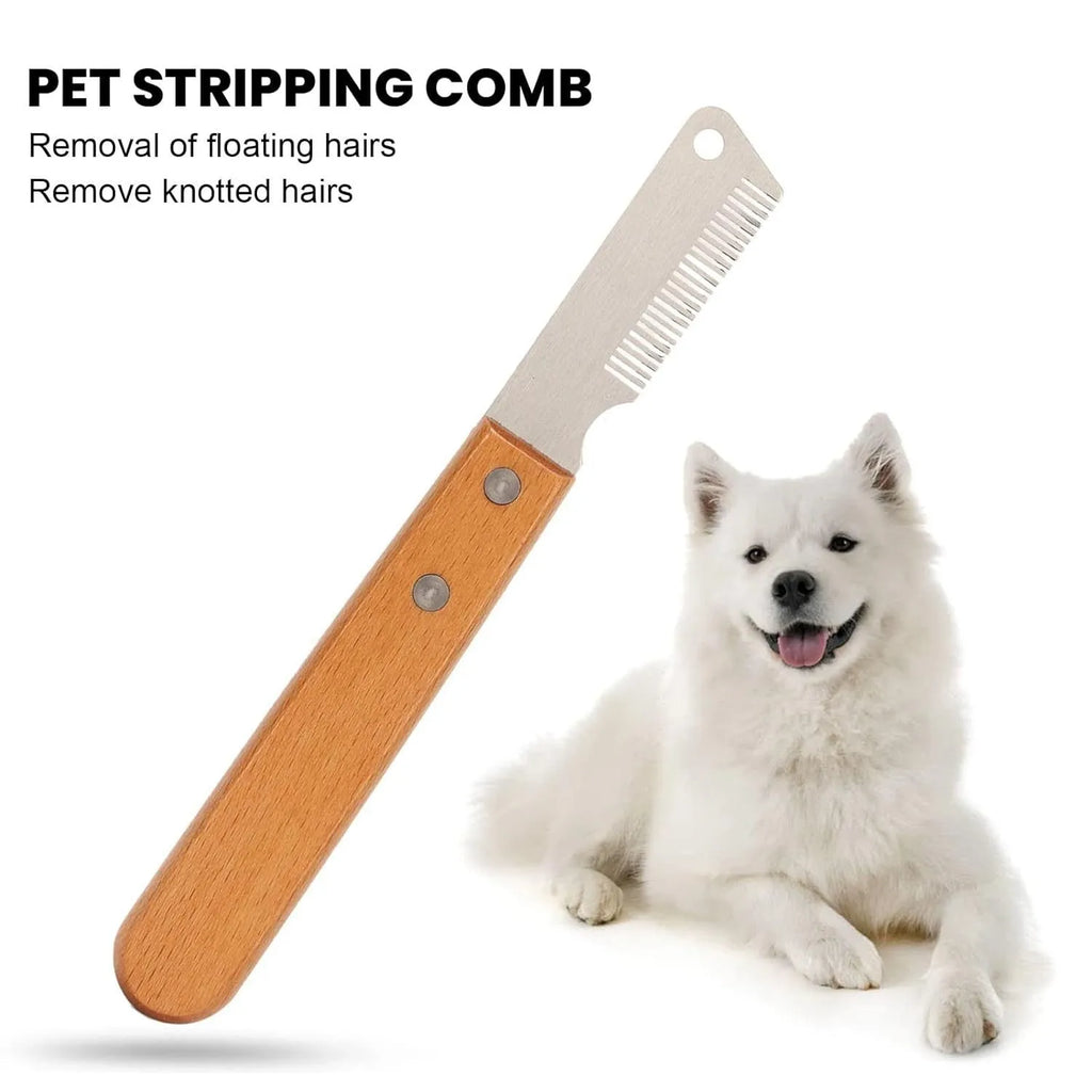 Pet stripping comb with wood handle for removing floating hair from cats and dogs