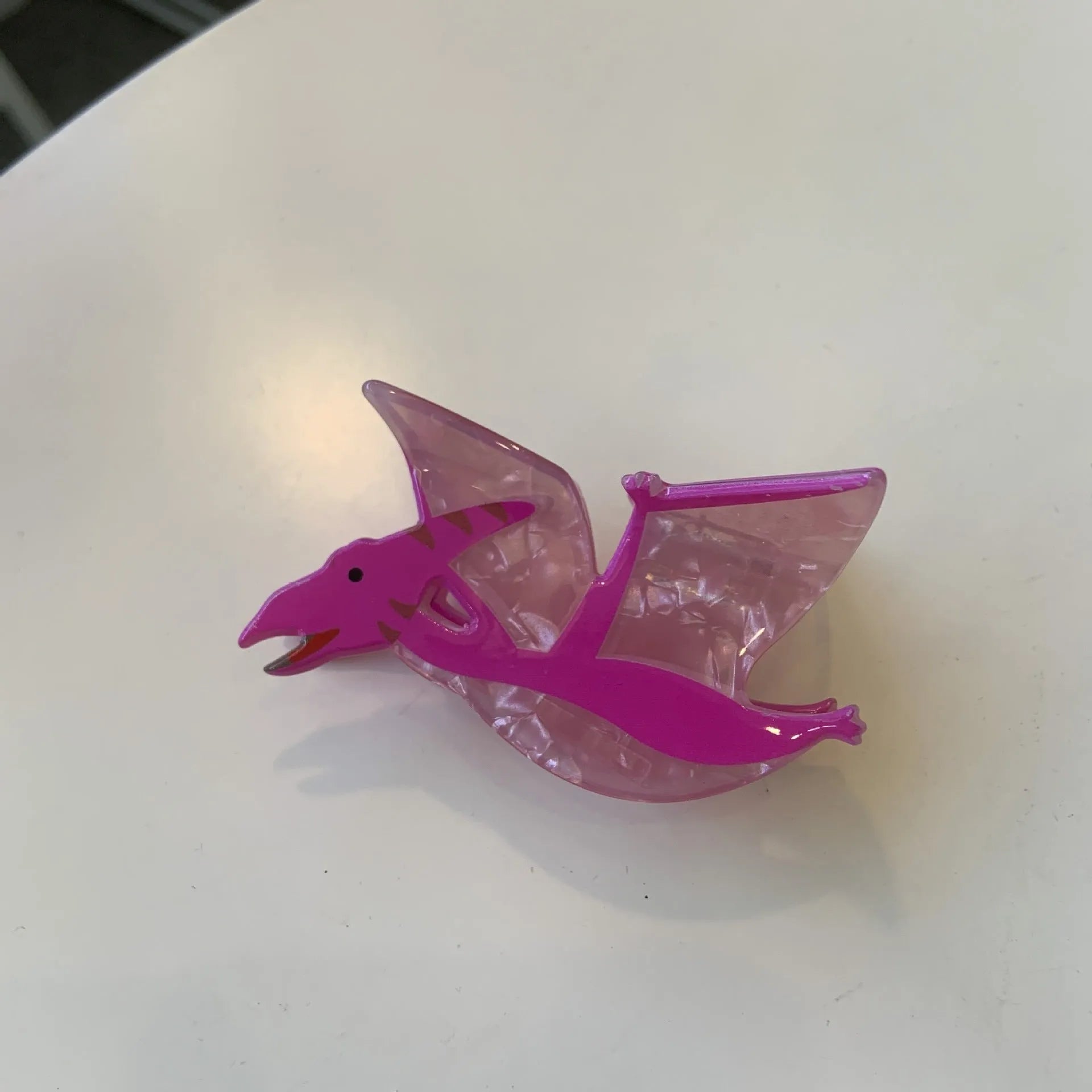 Dinosaur-themed acrylic jaw hair clip showing detailed dinosaur design and secure grip mechanism