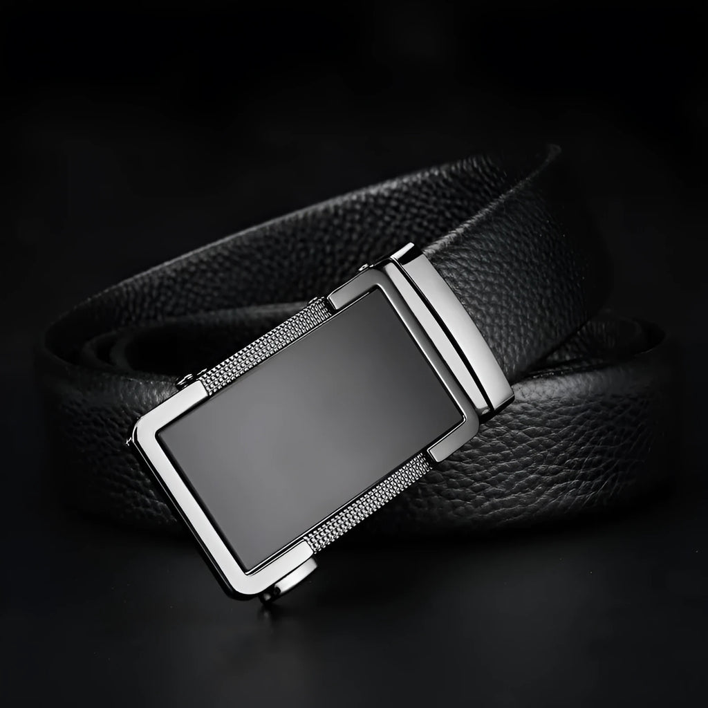 Men's leather belt with automatic buckle in gun black, silver or gold colours showing length sizing options