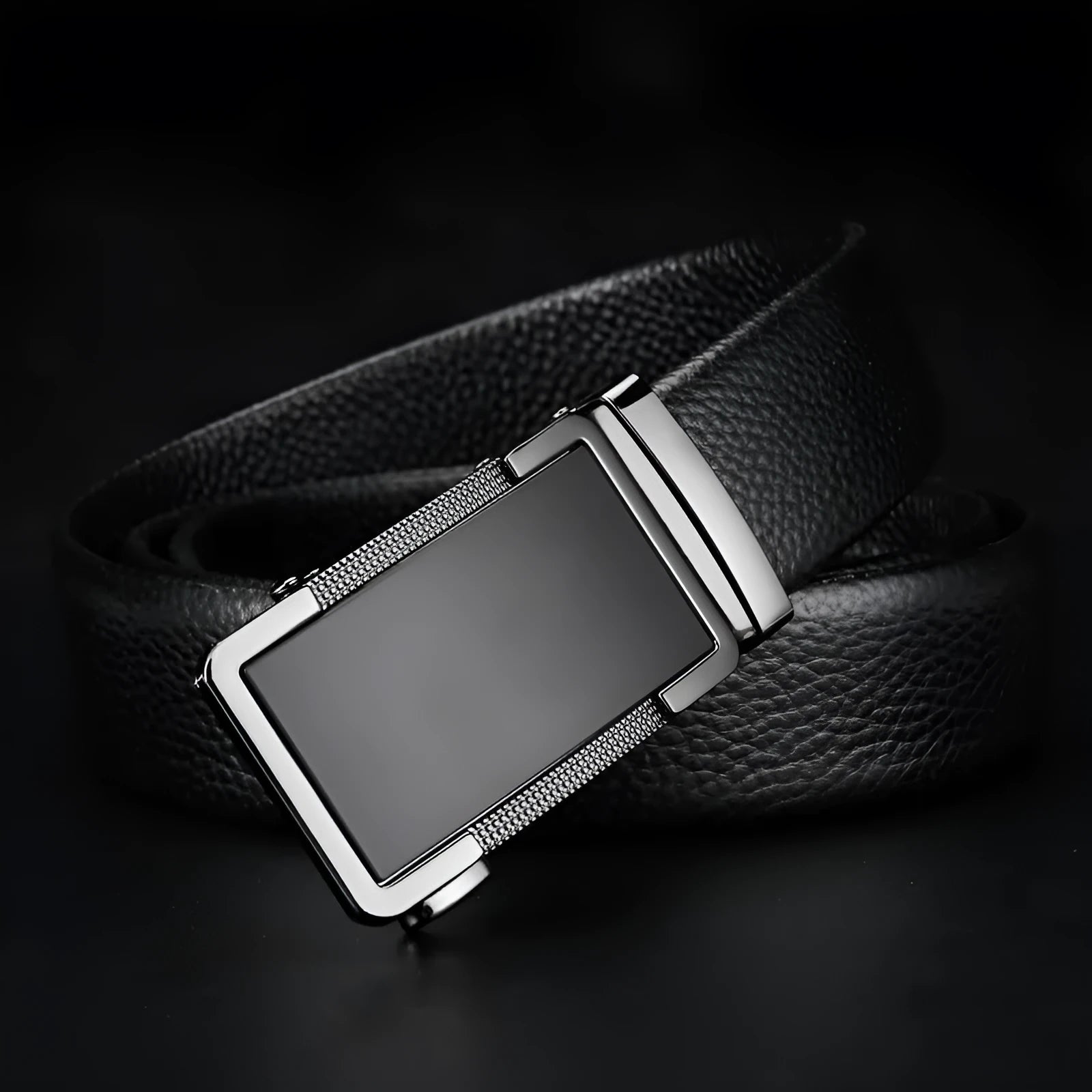 Men's leather belt with automatic buckle in gun black, silver or gold colours showing length sizing options