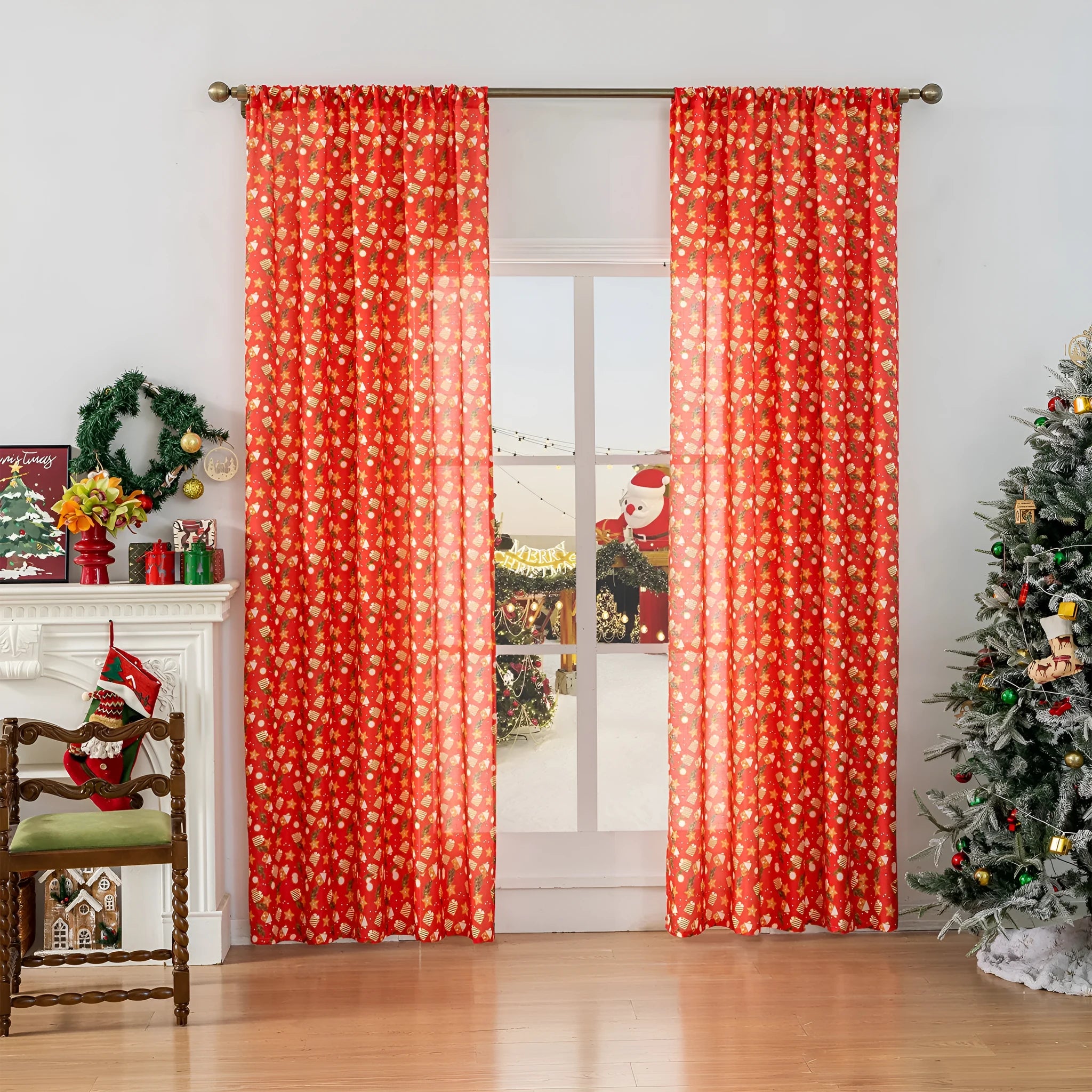 Green Christmas curtain with printed snowman and angel cartoon figures pattern
