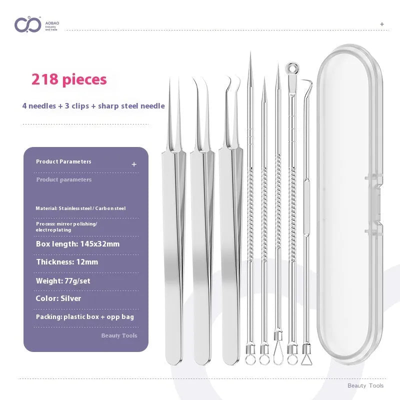 Four metal acne needles with ultra fine pointed tips for blackhead removal and skincare treatment