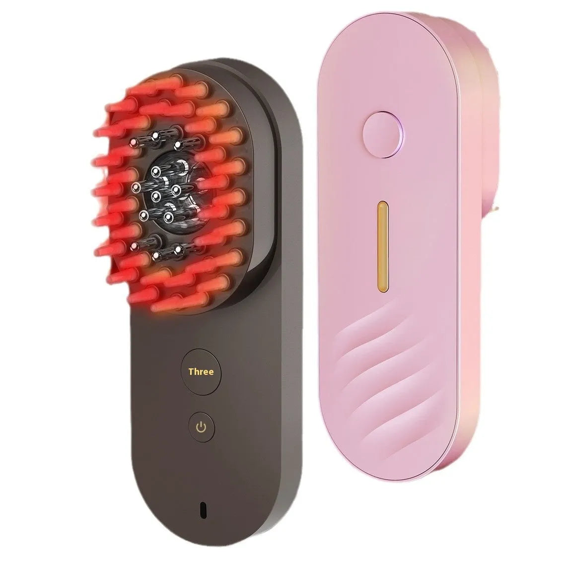 Smart red light massage comb in black or pink colour, compact handheld design