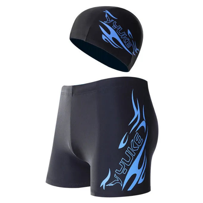 Men's plus size polyester swimming trunks with blue fire flame pattern on black background