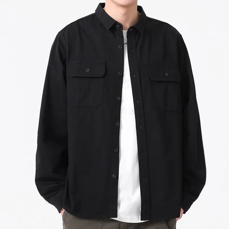 Men's long sleeve loose fit cardigan-style shirt overalls in four colour options