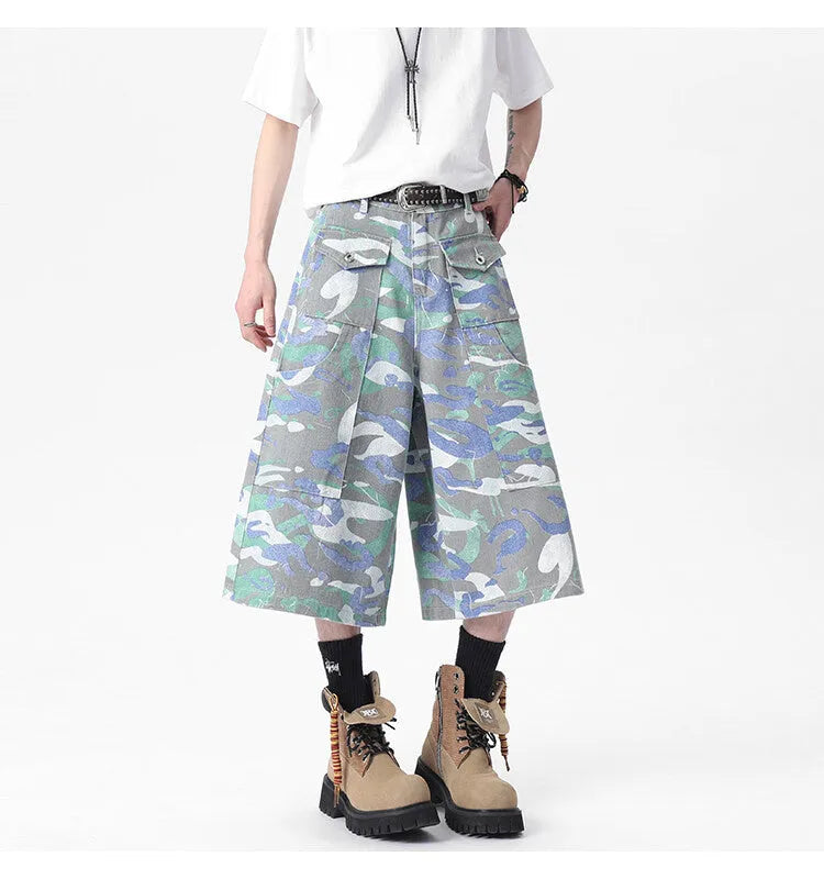 Denim camouflage cropped trousers with pockets and straight leg cut
