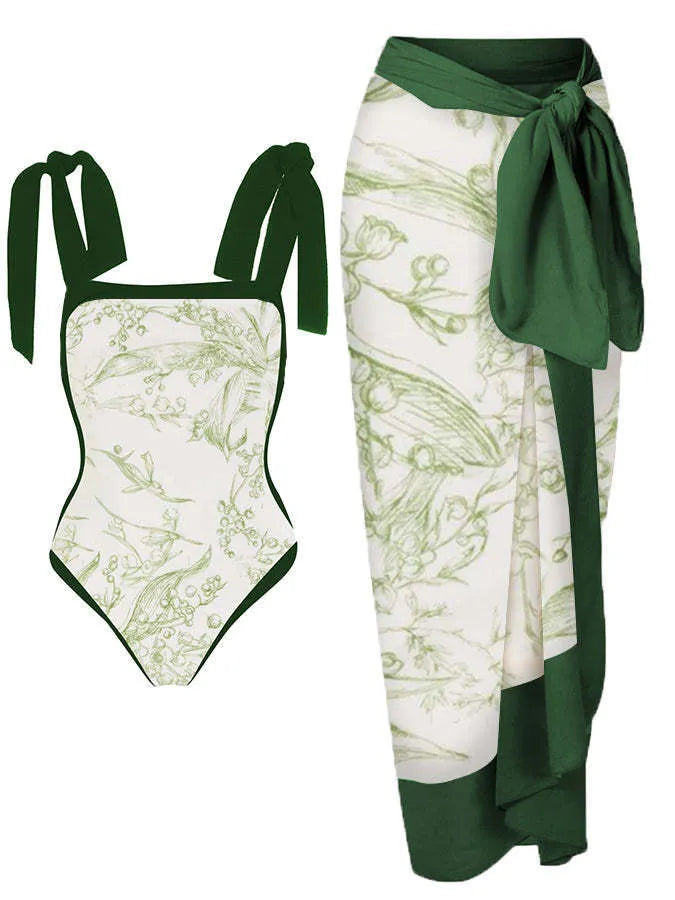 Women's floral print two-piece chiffon swimsuit with matching skirt in multiple colour options