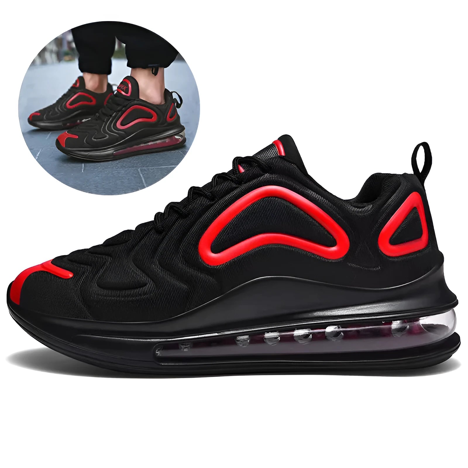 Men's black lace-up air cushion running shoes with a thick sole and round toe.