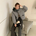 Gray loose short down jacket for women plus size with pocket details, solid colour
