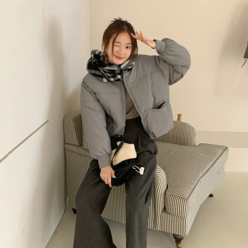 Gray loose short down jacket for women plus size with pocket details, solid colour