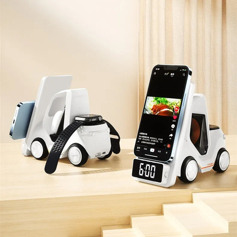 15W three-in-one wireless charging stand in grey colour showing adjustable viewing angles for devices