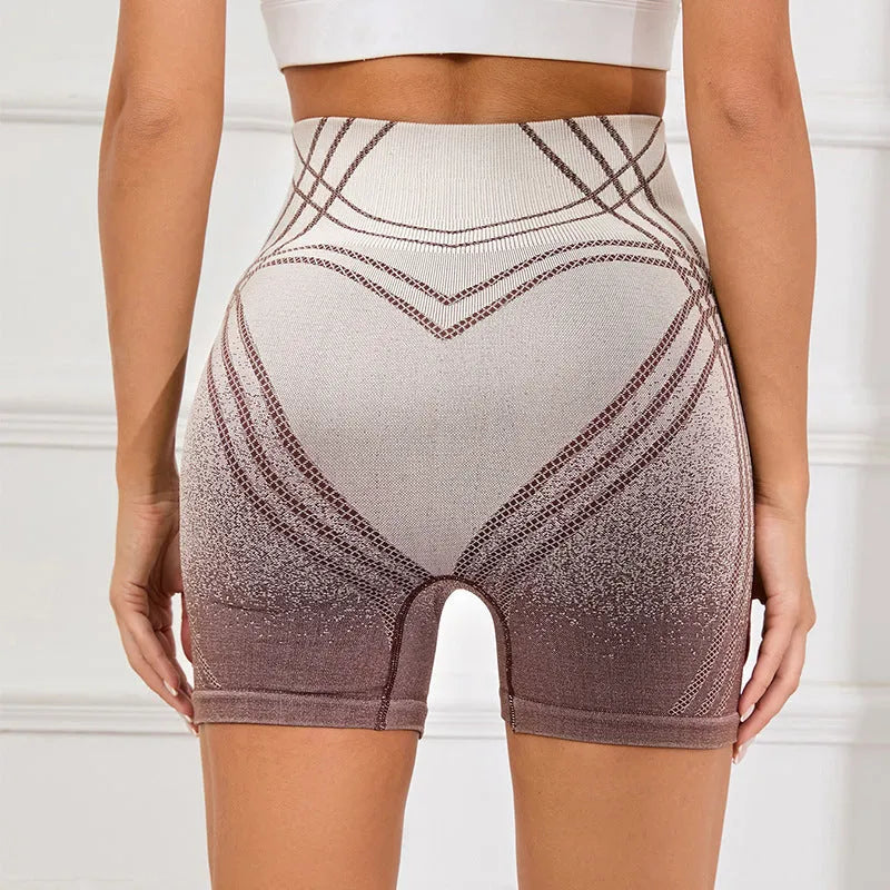 Women's brown high waisted gradient fitness shorts for yoga and running sports