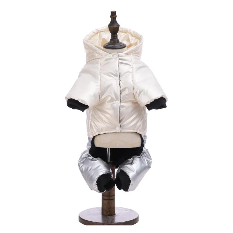 Green waterproof dog coat with cotton padding shown on a dog