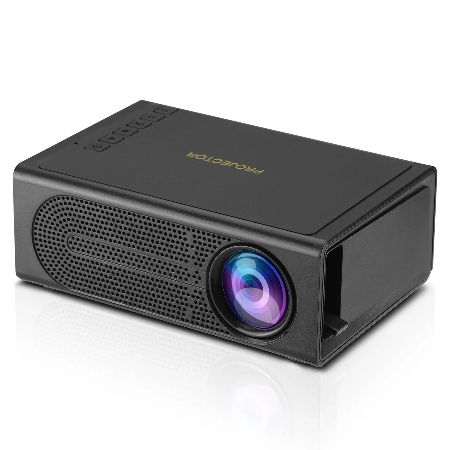 Black and white portable mini projector with wired mobile phone connection and international power plugs