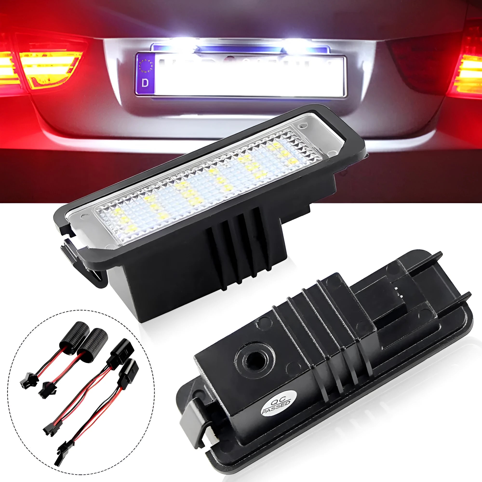 Volkswagen Golf Polo Phaeton LED licence plate light unit with 24 SMD LEDs and plug connector.