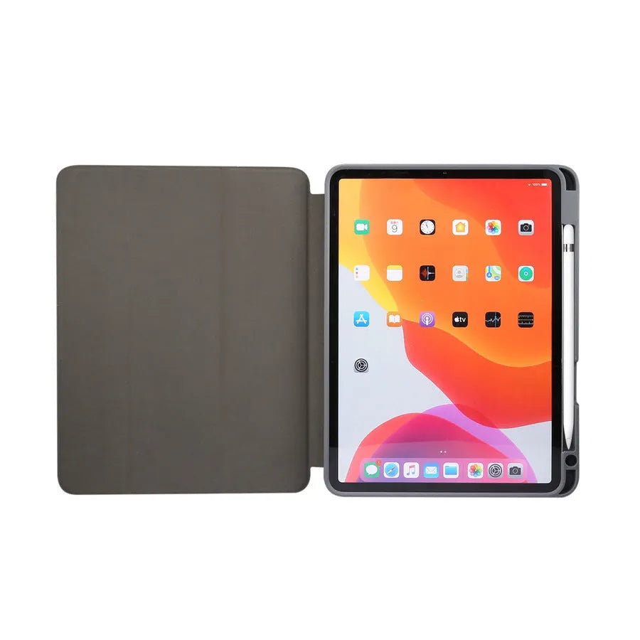Tri-fold marbling design iPad case with pen slot in multiple colour options showing plane housing position
