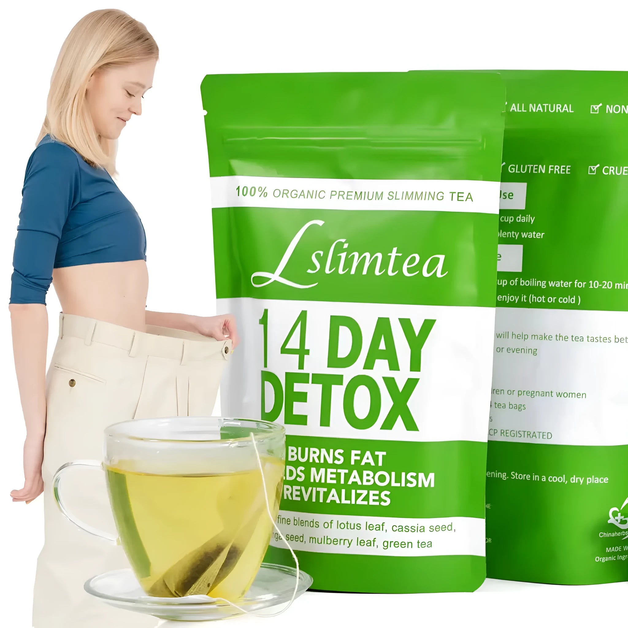 Box of 14-day herbal detox tea with 14 individual 3g sachets for weight management