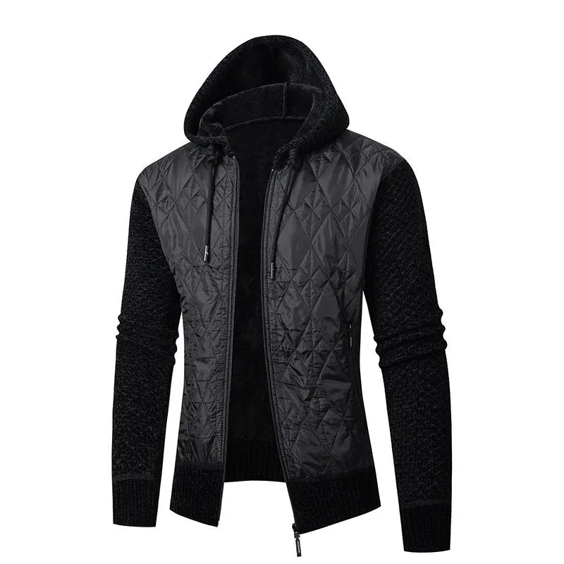 Men's gray corduroy hooded sweater coat with cinched waist worn as winter outerwear