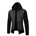 Men's gray corduroy hooded sweater coat with cinched waist worn as winter outerwear