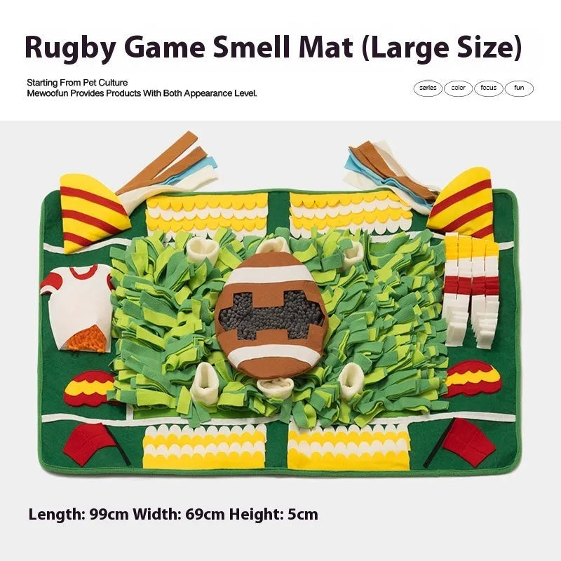 Themed fabric dog sniffing mat for interactive enrichment and food hiding