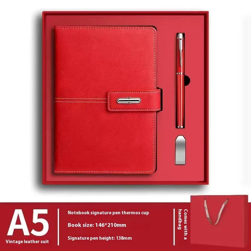 A5 notebook with PU leather cover in various colours including black, red, green, blue, and orange