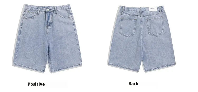 Men's straight-leg denim shorts in light blue colour showing five-point design and zipper fly opening