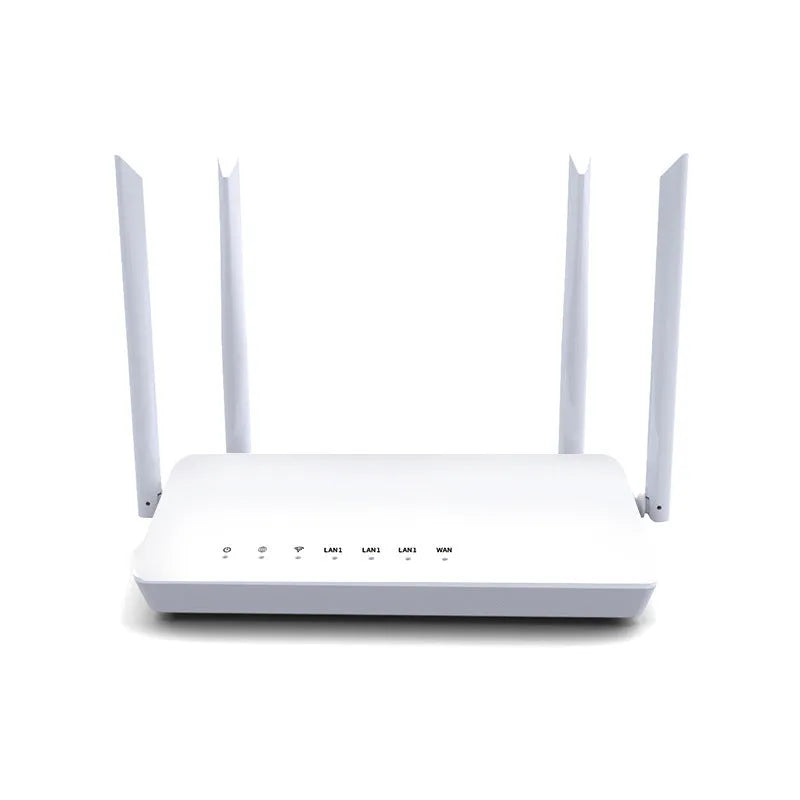 Portable 300-metre home wifi router in black or white with bare metal casing and multiple ports.