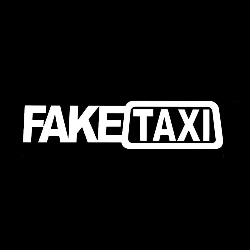 Waterproof black FAKE TAXI car sticker on a vehicle windshield, showing 20x8cm size.