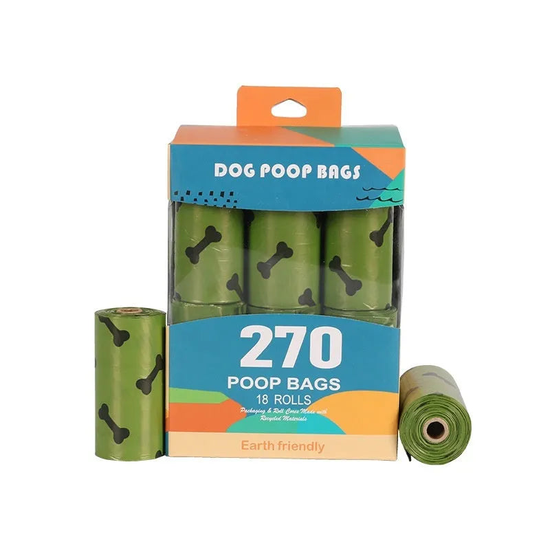 Degradable dog poop bags in military green with black bone print, showing roll format and bag dimensions