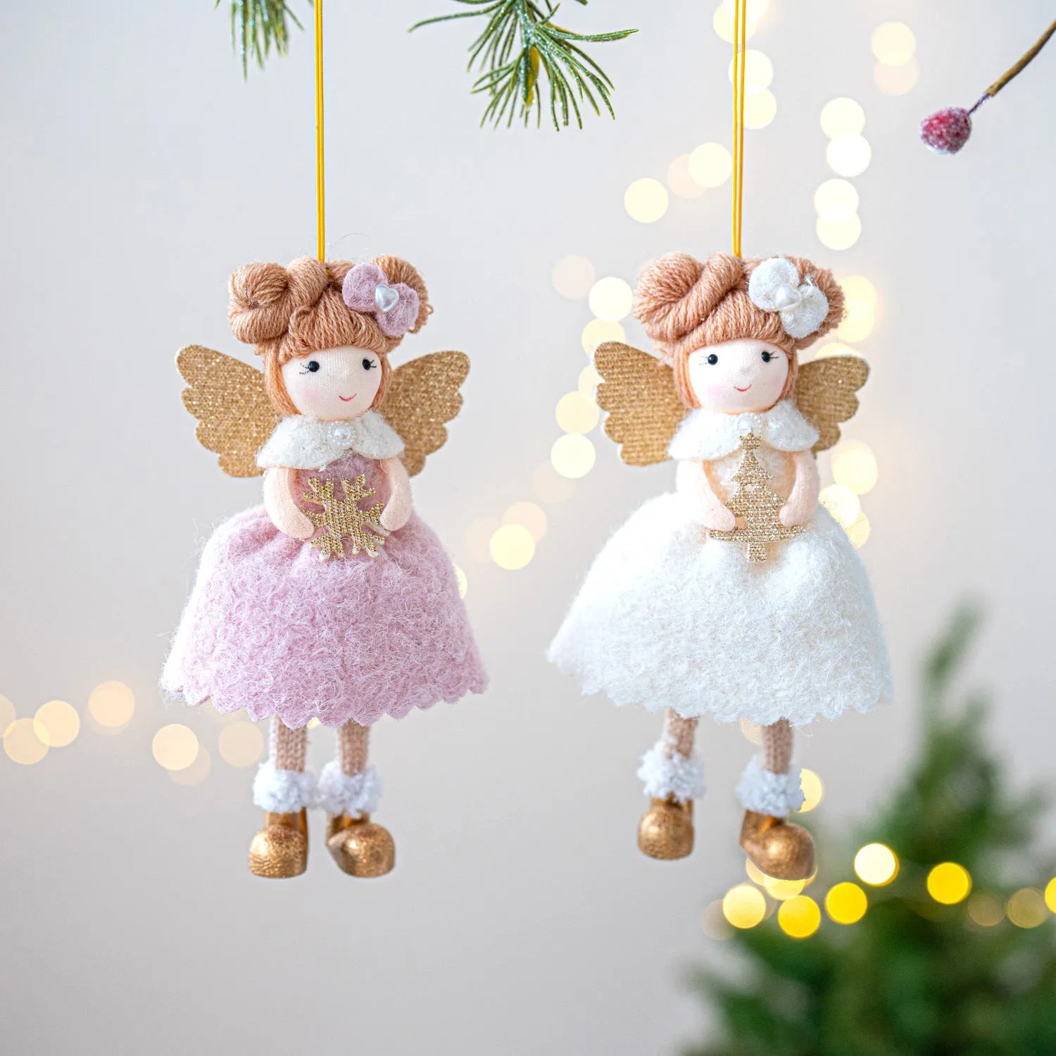 Pink and white cloth Christmas angel wings plush pendant with modern design and hanging cord