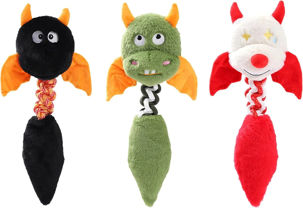 Soft rabbit fleece plush dog toy with a rope knot, shown in black, green, or red.