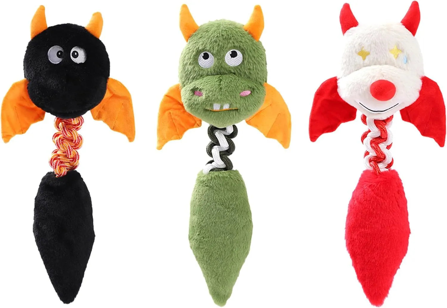 Soft rabbit fleece plush dog toy with a rope knot, shown in black, green, or red.