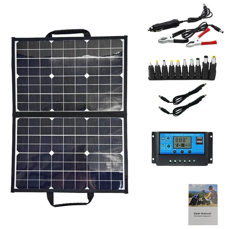 Black 40W portable solar folding panel showing compact folded dimensions for outdoor charging