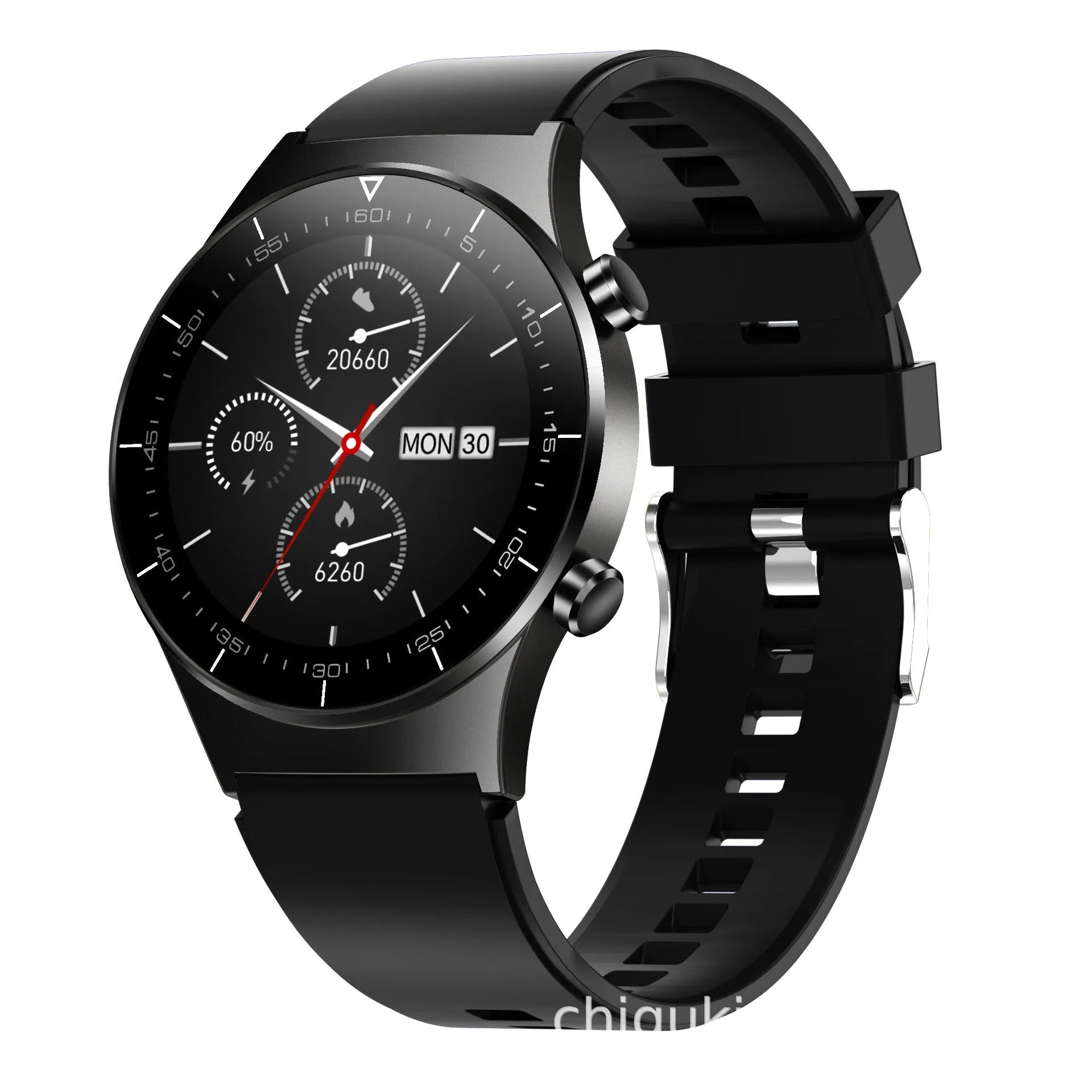 Black smart watch with health monitoring display showing blood pressure and heart rate metrics