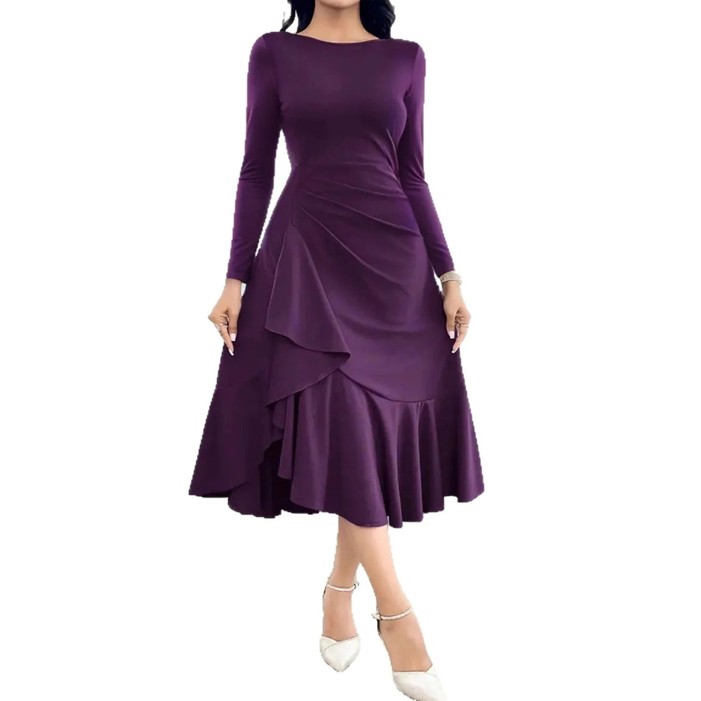 Purple women's dress with long sleeves, ruffle detailing, and mid-waist design