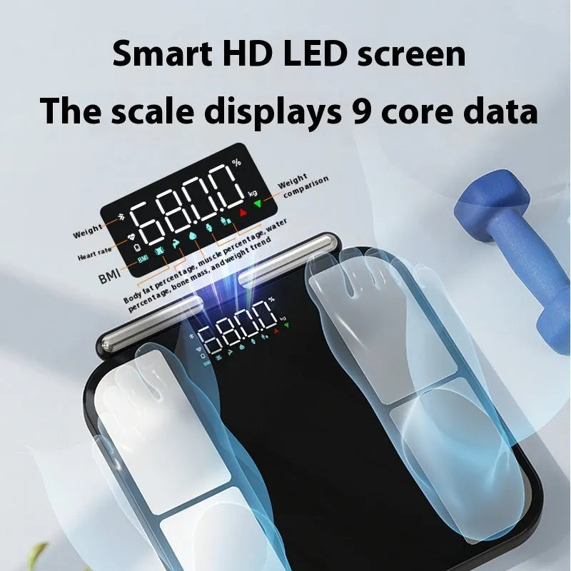 Black electronic bathroom scale with colour display on tempered glass platform for body composition analysis
