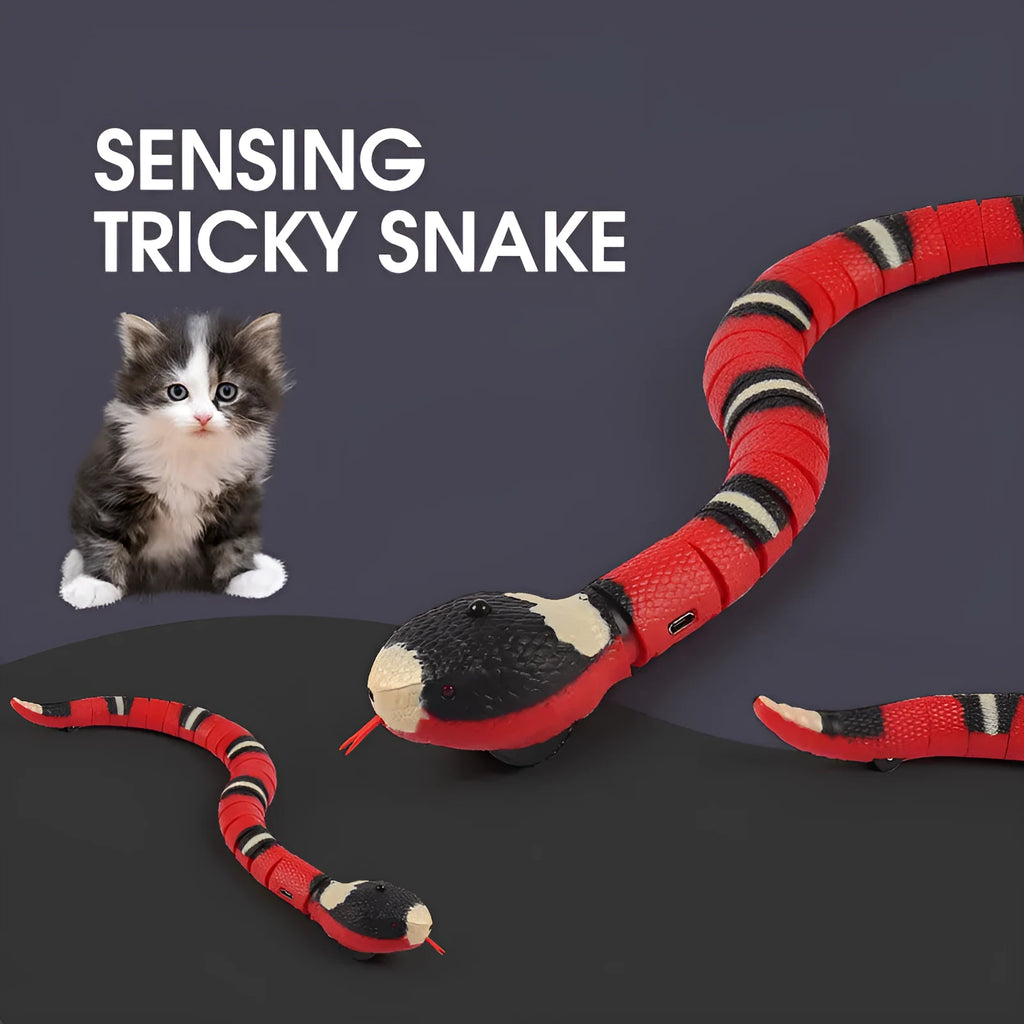 Smart sensing interactive snake cat toy with segmented plastic body and USB charging
