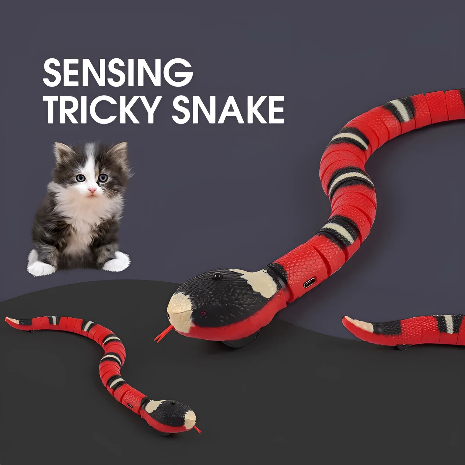Smart sensing interactive snake cat toy with segmented plastic body and USB charging