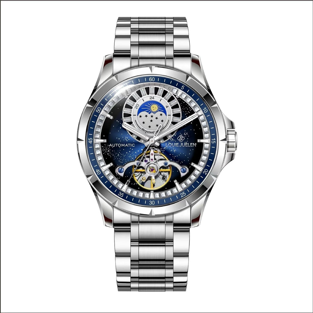 Men's silver automatic mechanical watch with blue dial on stainless steel strap showing butterfly buckle