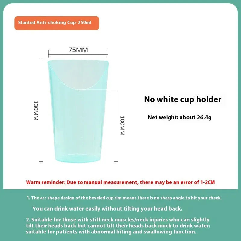 Oblique mouth choke-proof drinking cup for adults with handle and lid, shown with optional wrist splint.
