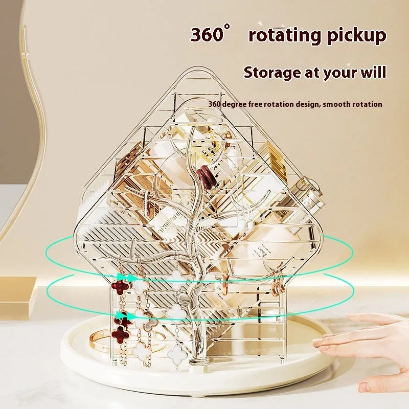 Rotating cosmetics storage box in clear or amber gold plastic with 360-degree rotation mechanism