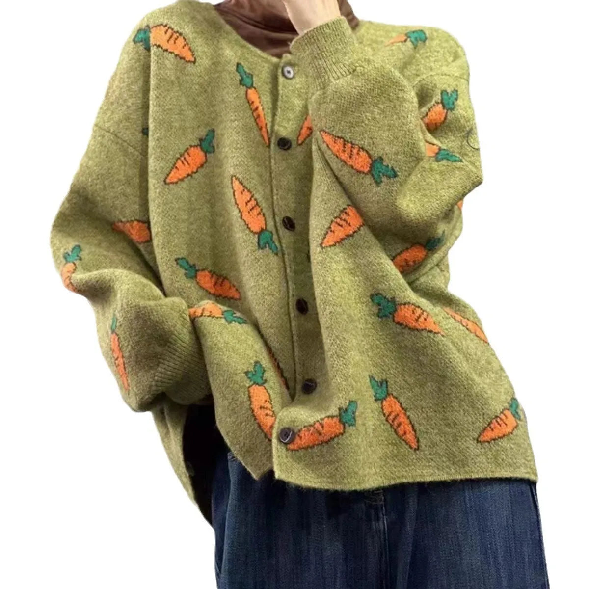 Round neck viscose cardigan with artistic colour contrast printing and loose street fashion fit