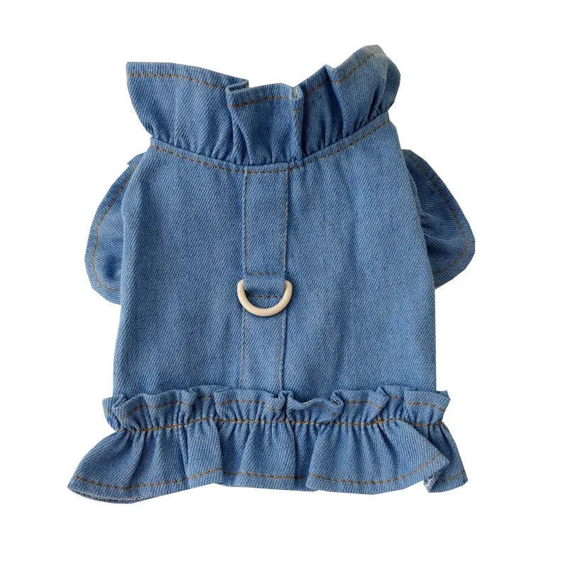 Blue denim dog dress vest with ruffles design and leash hooks on chest and back