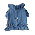 Blue denim dog dress vest with ruffles design and leash hooks on chest and back