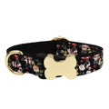 Flat nylon dog collar with grid pattern print and bone-shaped buckle in adjustable sizes